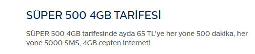 Türk Telekom SÜPER 500 4 GB Tarifesi